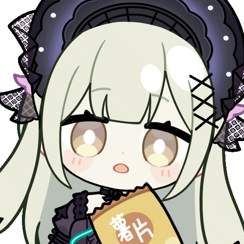 chunye haruya, wakaba mutsumi, wakaba mutsumi (marionette's id), arknights, bang dream!, bang dream! it's mygo!!!!!, animated, animated gif, lowres, 1girl, animal ears, bag of chips, black bonnet, blinking, blunt bangs, blush stickers, bonnet, chibi, chibi only, chips (food), dot nose, eating, floppy ears, food, gothic lolita, green hair, hair ornament, lolita fashion, long hair, looking at viewer, potato chips, rabbit ears, rabbit girl, rayman limbs, sidelocks, simple background, solo, transparent background, upper body, x hair ornament, yellow eyes