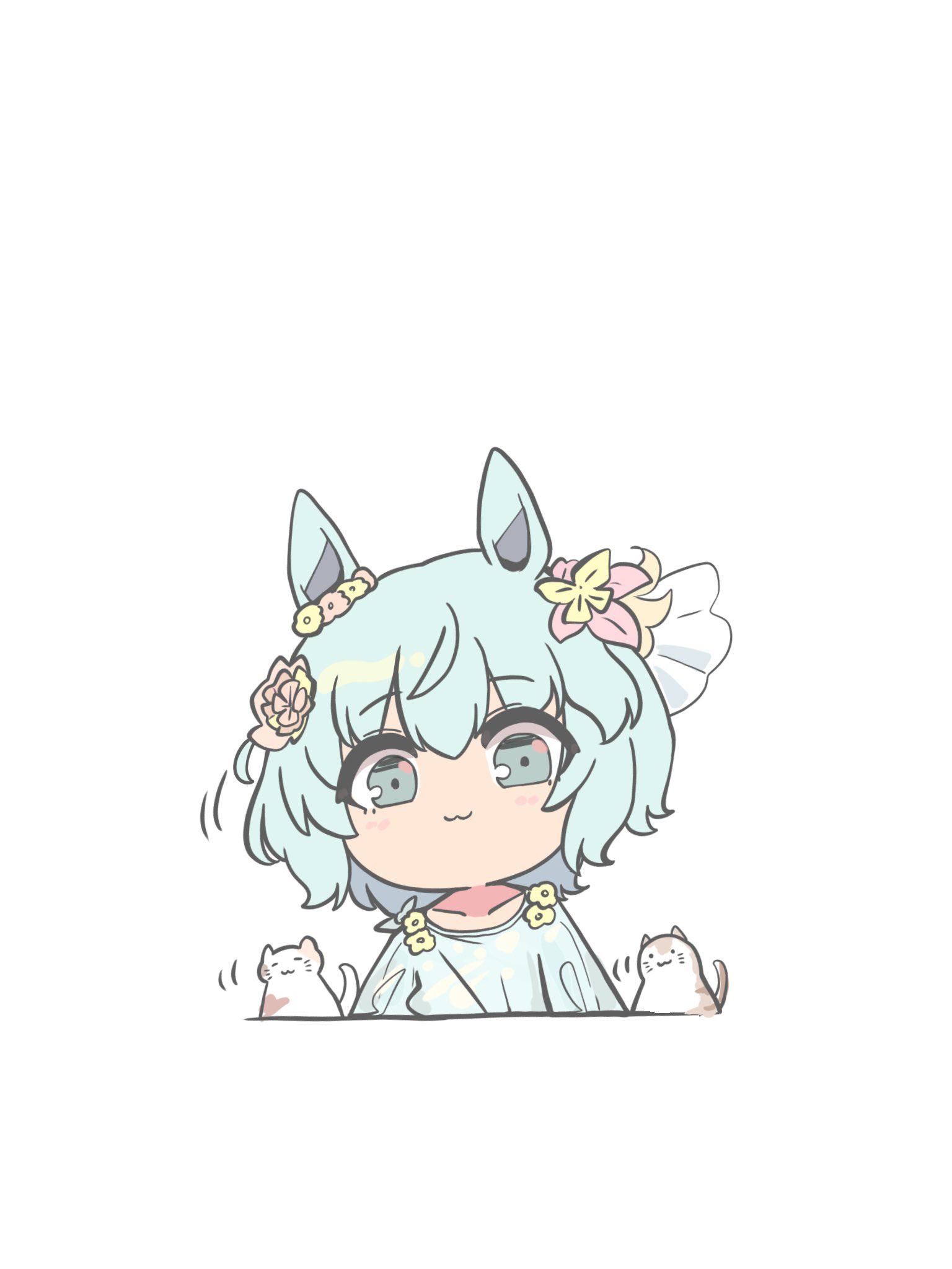 kawamochi (tddm3573), seiun sky (umamusume), umamusume, highres, 1girl, :3, animal, blue dress, blue hair, blush, cat, chibi, closed mouth, collarbone, dress, flower, green eyes, hair between eyes, hair flower, hair ornament, pink flower, simple background, solo, upper body, white background, yellow flower