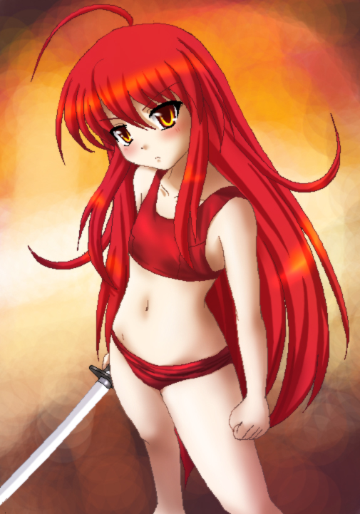hayashiya zankurou, shana, shakugan no shana, bad id, bad pixiv id, 00s, 1girl, bikini, blush, female focus, from above, holding, holding sword, holding weapon, long hair, red bikini, red eyes, red hair, solo, swimsuit, sword, very long hair, weapon