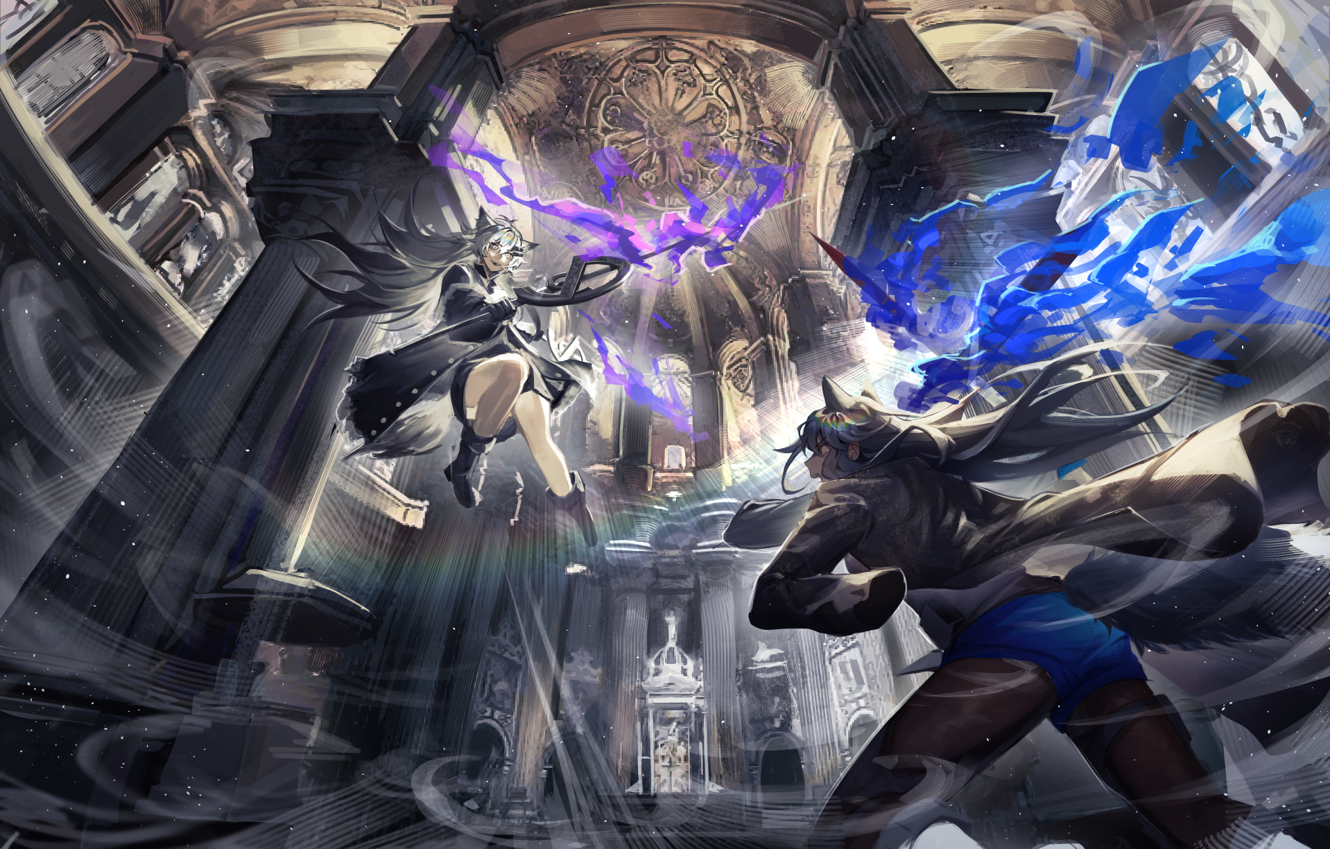 kikan (kikanoe), lappland (arknights), texas (arknights), arknights, commentary, highres, 2girls, animal ears, black coat, black pantyhose, blue shorts, coat, fighting, from below, grey hair, indoors, jacket, jacket on shoulders, light particles, long hair, multiple girls, pantyhose, shorts, smoke