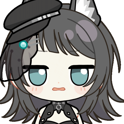 chunye haruya, yahata umiri, yahata umiri (moonlight executioner), arknights, bang dream!, bang dream! it's mygo!!!!!, animated, animated gif, lowres, …, 1girl, animal ears, black dress, black hair, black hat, blue eyes, blush stickers, chibi, chibi only, diagonal bangs, dot nose, dress, hat, jitome, kemonomimi mode, looking to the side, medium hair, mini hat, open mouth, simple background, solo, transparent background, upper body, wolf ears, wolf girl
