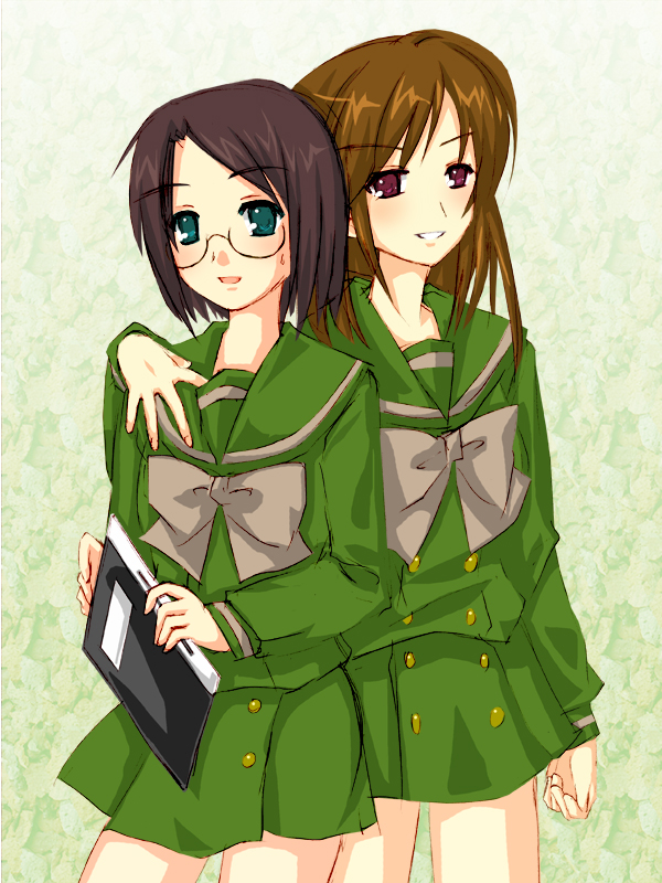 piku, fujita harumi, nakamura kimiko, yoshida kazumi, shakugan no shana, 00s, 2girls, :d, aqua eyes, arm around neck, black hair, blush, bow, bowtie, breasts, brown eyes, brown hair, buttons, cowboy shot, folder, glasses, gradient background, green eyes, green shirt, green theme, grin, harumi fujita, holding, long sleeves, looking at viewer, miniskirt, multiple girls, open mouth, parted bangs, pleated skirt, red eyes, school uniform, semi-rimless eyewear, serafuku, shirt, short hair, sketch, skirt, small breasts, smile, standing, sweatdrop, sweater, under-rim eyewear