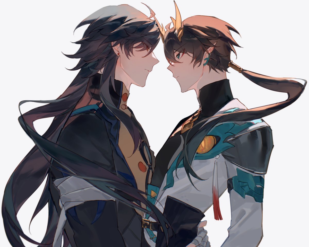 muya (77muya), blade (honkai: star rail), dan heng (honkai: star rail), dan heng (permansor terrae) (honkai: star rail), honkai: star rail, honkai (series), commentary, hashtag-only commentary, 2boys, arm around waist, belt, black belt, black coat, black hair, black shirt, closed mouth, coat, collared shirt, dragon horns, ear covers, earrings, from side, green eyes, horns, jewelry, long sleeves, male focus, multiple boys, parted bangs, piercing, pointy ears, ponytail, profile, red eyes, shirt, single ear cover, stud earrings, upper body, white background, yaoi, yellow horns