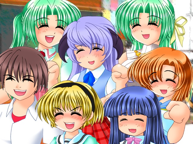 furude rika, hanyuu, houjou satoko, maebara keiichi, ryuuguu rena, sonozaki mion, sonozaki shion, higurashi no naku koro ni, non-web source, 00s, 1boy, 6+girls, blonde hair, blue hair, blunette, brown hair, closed eyes, green hair, half updo, horns, multiple girls, orange hair, purple hair, siblings, sisters, twins