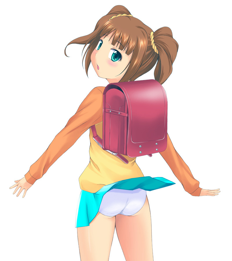 nishi (count2.4), takatsuki yayoi, idolmaster, idolmaster (classic), idolmaster 1, 00s, 1girl, ass, backpack, bag, blue eyes, brown hair, female focus, flat ass, looking back, miniskirt, panties, pantyshot, raglan sleeves, randoseru, short twintails, skirt, solo, twintails, underwear, white panties, wind, wind lift