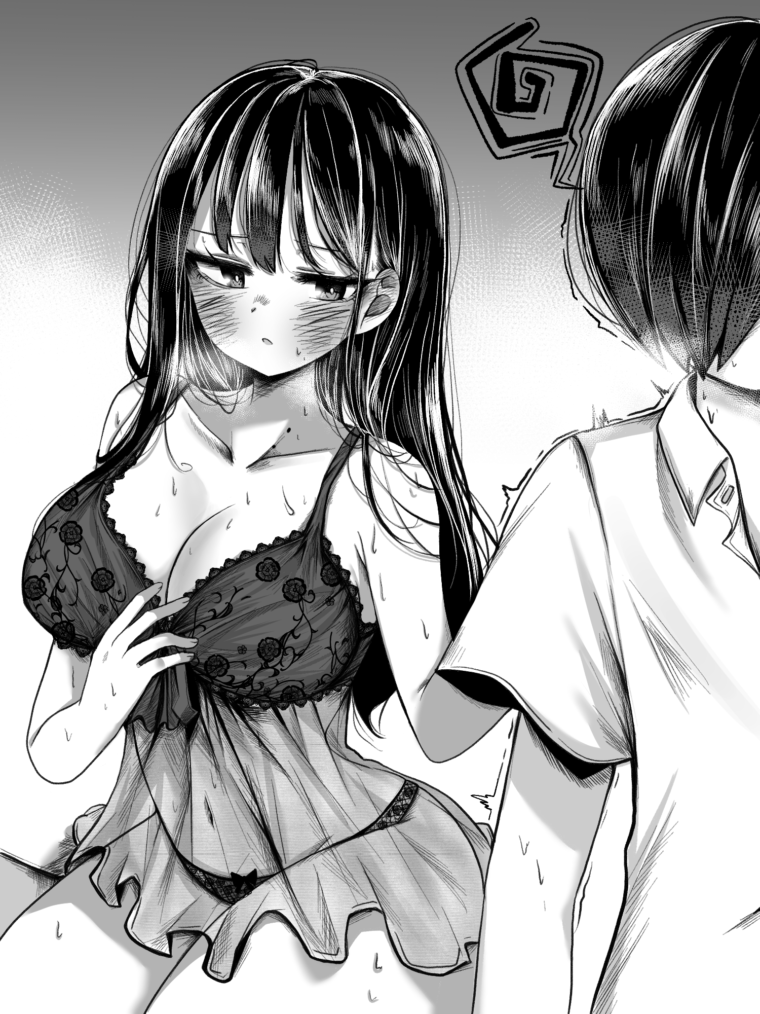 ao tanuki, ichikawa kyoutarou, yamada anna, boku no kokoro no yabai yatsu, commentary request, highres, 1boy, 1girl, bare shoulders, blush, breasts, cleavage, closed mouth, collarbone, collared shirt, faceless, faceless male, greyscale, lace, lace panties, large breasts, lingerie, long hair, mole, mole on neck, monochrome, multiple moles, navel, negligee, panties, see-through clothes, shirt, short hair, sitting, sweat, trembling, underwear, underwear only, wide hips