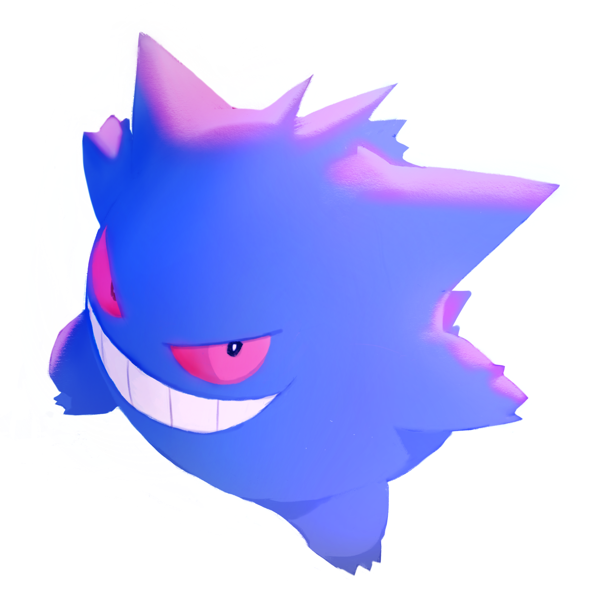 shiratsuyu mone, gengar, nintendo, pokemon, highres, bright pupils, colored sclera, full body, gen 1 pokemon, grid teeth, grin, no humans, pokemon (creature), red sclera, sidelighting, simple background, smile, solo, white background, white pupils