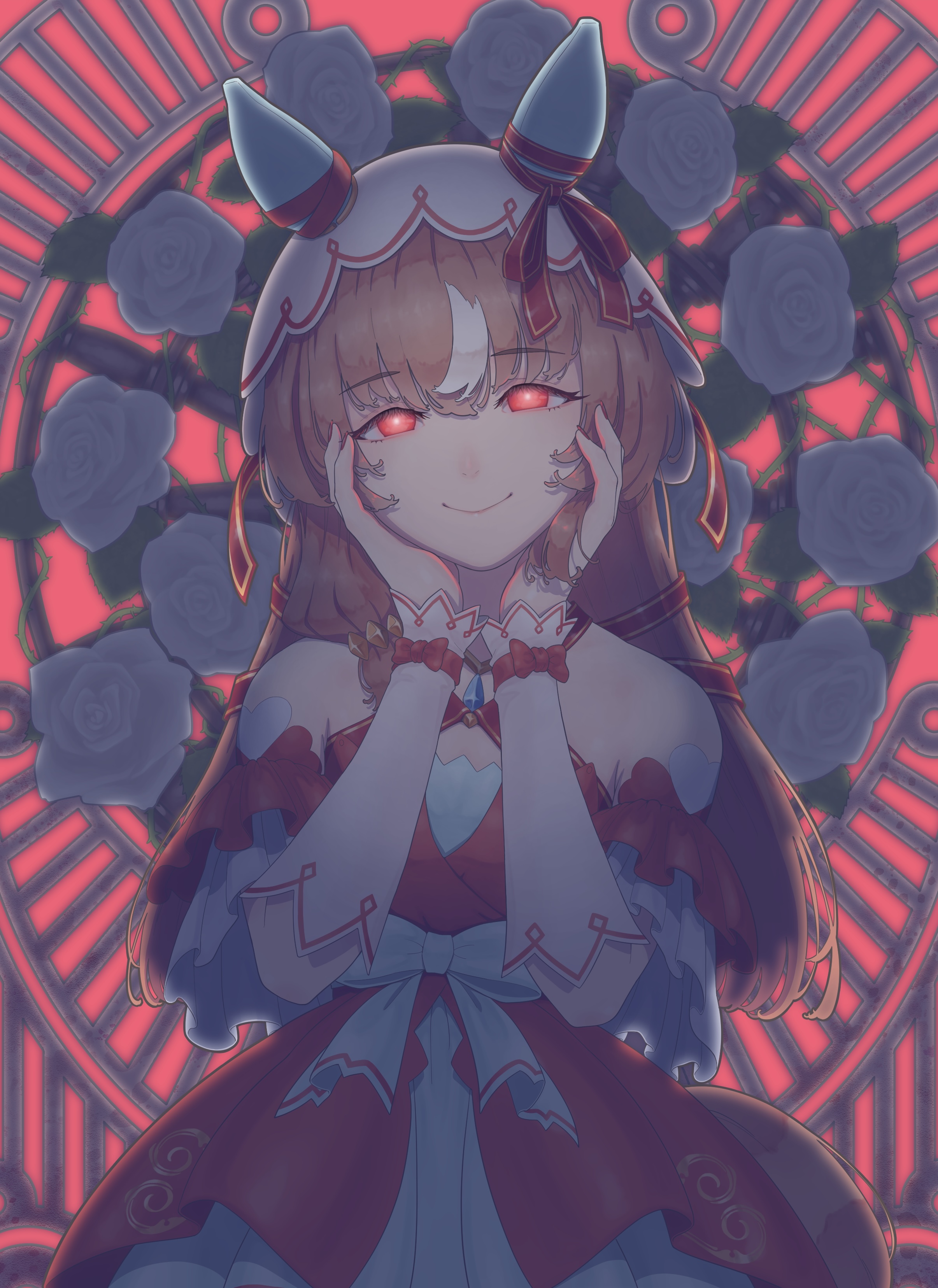 moga (vdvk3434), still in love (scarlet vow raiment) (umamusume), still in love (umamusume), umamusume, absurdres, commentary, english commentary, highres, 1girl, animal ears, bare shoulders, brown hair, cowboy shot, detached sleeves, dress, flower, glowing, glowing eyes, hands on own face, horse ears, horse girl, horse tail, long hair, looking at viewer, red dress, red eyes, red ribbon, ribbon, rose, smile, solo, tail, veil, white flower, white rose, white veil