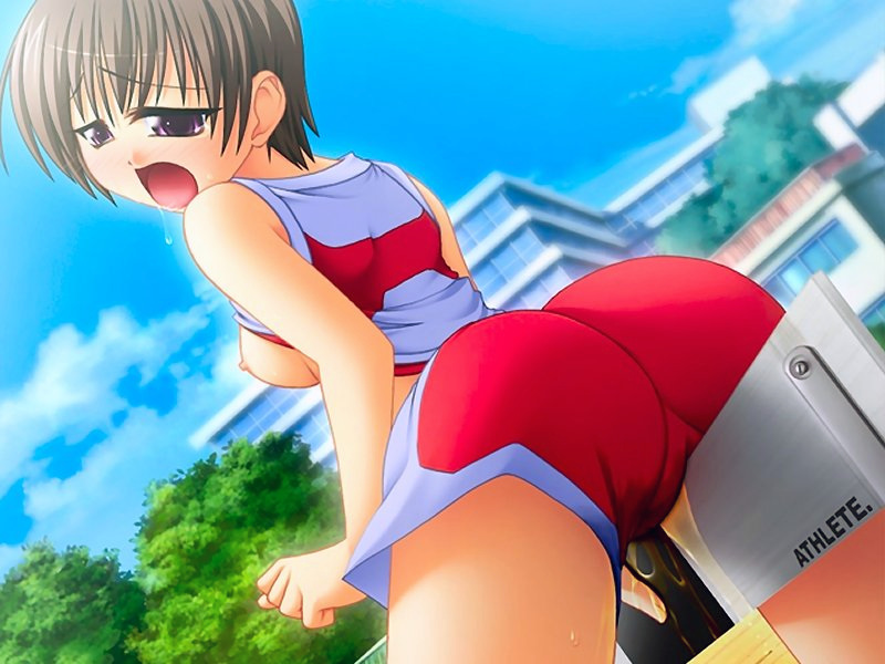 okanobu saki, settai club, duplicate, game cg, source request, 1girl, ass, breasts, brown hair, crotch rub, female focus, female masturbation, gym uniform, masturbation, nipples, open mouth, outdoors, pee, peeing, peeing self, purple eyes, pussy juice, saliva, short hair, solo, sportswear