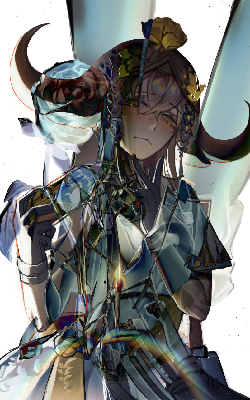 kikan (kikanoe), pallas (arknights), arknights, commentary, highres, 1girl, black gloves, closed mouth, flower, gloves, green eyes, hair between eyes, horns, long hair, looking at viewer, simple background, solo, upper body, white background, yellow flower