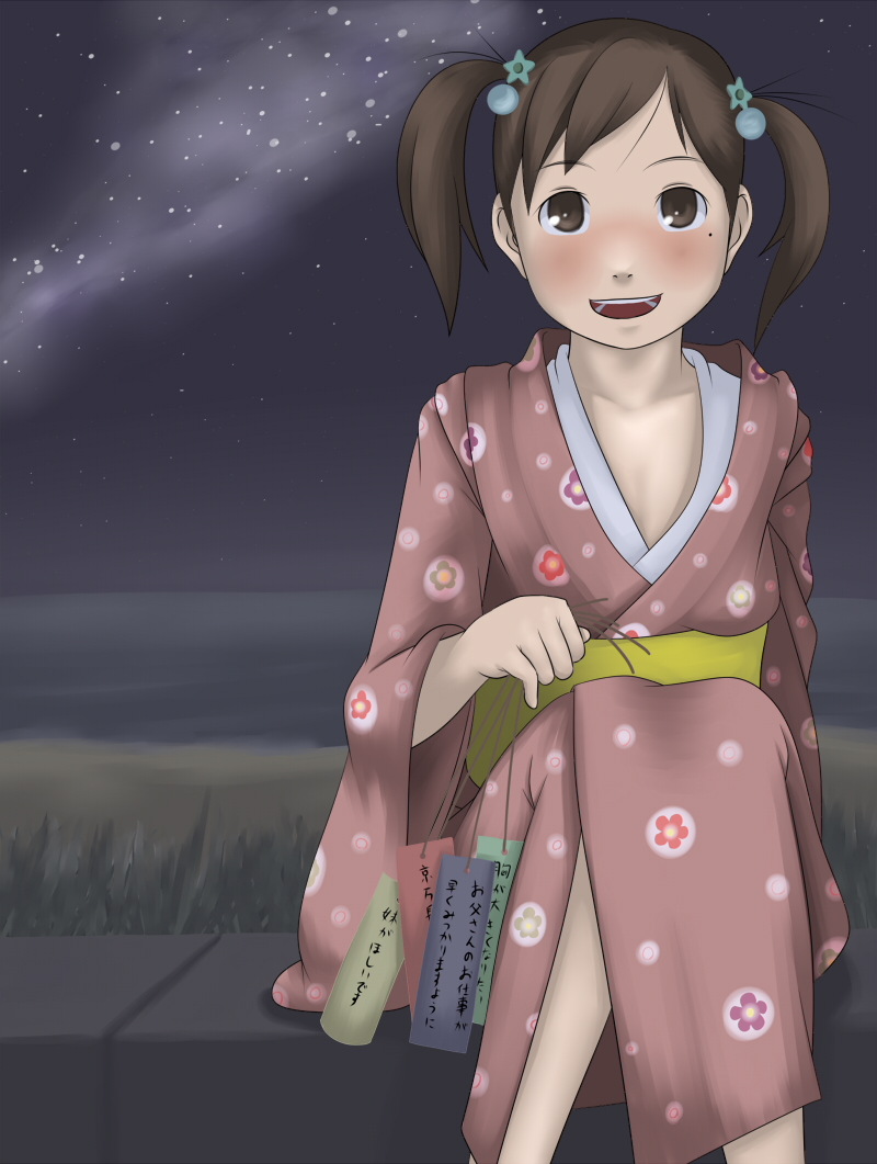 hentai oyaji, bad id, bad pixiv id, translation request, beach, brown eyes, brown hair, japanese clothes, kimono, night, short twintails, solo, star (symbol), twintails