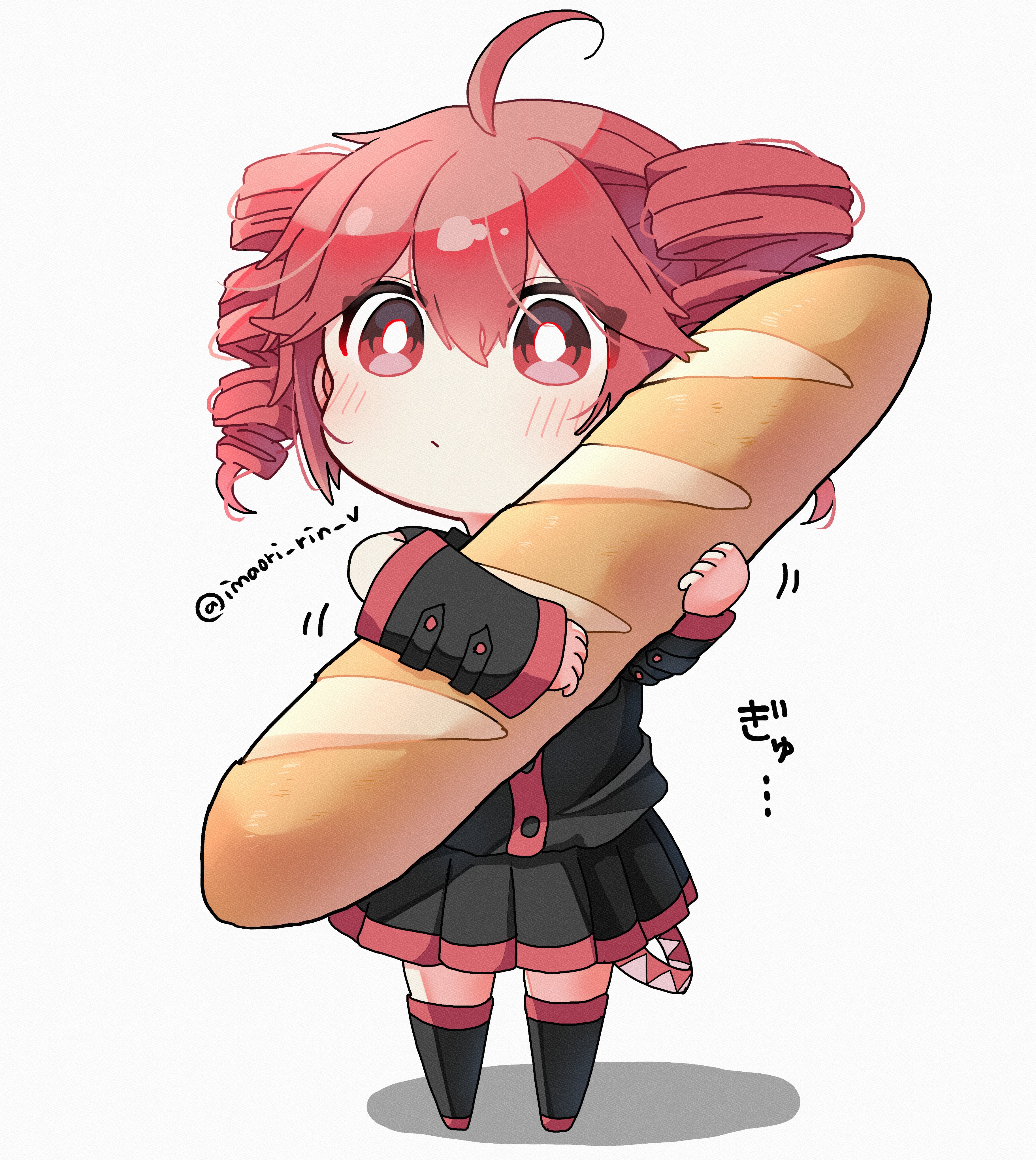 imaori rin v, kasane teto, kasane teto (utau), utau, absurdres, commentary, highres, 1girl, ahoge, baguette, bare shoulders, black boots, black shirt, black skirt, black sleeves, blush, boots, bread, bright pupils, chibi, chibi only, closed mouth, detached sleeves, double-parted bangs, drill hair, food, full body, hair between eyes, holding, holding food, long sleeves, pleated skirt, red eyes, red hair, shirt, short hair, simple background, skirt, sleeveless, sleeveless shirt, solo, standing, thigh boots, thighhighs, twin drills, twitter username, white background, white pupils, zettai ryouiki