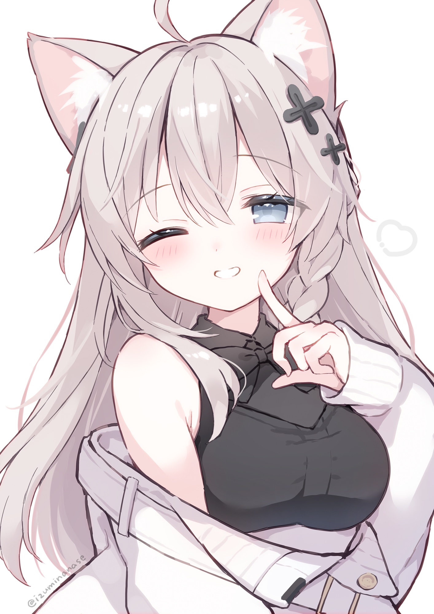 izumi nanase, shinano (vrchat), vrchat, commentary, highres, 1girl, ahoge, animal ear fluff, animal ears, bare shoulders, black bow, black bowtie, black shirt, blue eyes, blush, bow, bowtie, braid, cat ears, cat girl, grey hair, grin, hand up, heart, jacket, long hair, long sleeves, looking at viewer, off shoulder, one eye closed, shirt, simple background, single braid, sleeveless, sleeveless shirt, smile, solo, upper body, white background, white jacket
