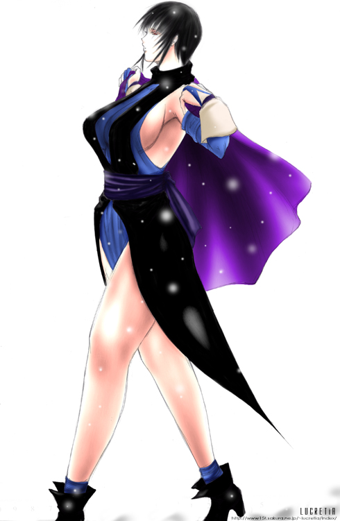 lucretia, shiki (samurai spirits), samurai spirits, snk, black hair, breasts, detached sleeves, heterochromia, high heels, large breasts, shoes, short hair, sideboob, solo, very short hair