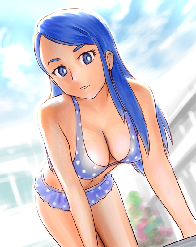 ueyama michirou, minazuki karen, precure, yes! precure 5, 00s, 1girl, all fours, bent over, bikini, blue eyes, blue hair, breasts, cleavage, cloud, day, dutch angle, eyelashes, female focus, large breasts, long hair, matching hair/eyes, outdoors, polka dot, polka dot bikini, polka dot swimsuit, sky, smile, solo, swimsuit
