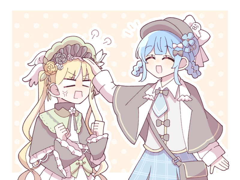 tachibana sherry, toono hanna, mahou shoujo no majo saiban, commentary request, 2girls, 710river, anger vein, annoyed, black bag, black bow, black capelet, black flower, black hat, black rose, blonde hair, blue hair, blue skirt, bonnet, bow, braid, braided hair rings, capelet, closed eyes, detective, dress, flower, frilled dress, frills, hair rings, hand on another's head, hat, headpat, height difference, long hair, long sleeves, magical girl, multiple girls, notice lines, open mouth, puff of air, rose, short hair, skirt, smile, yellow flower, yellow rose