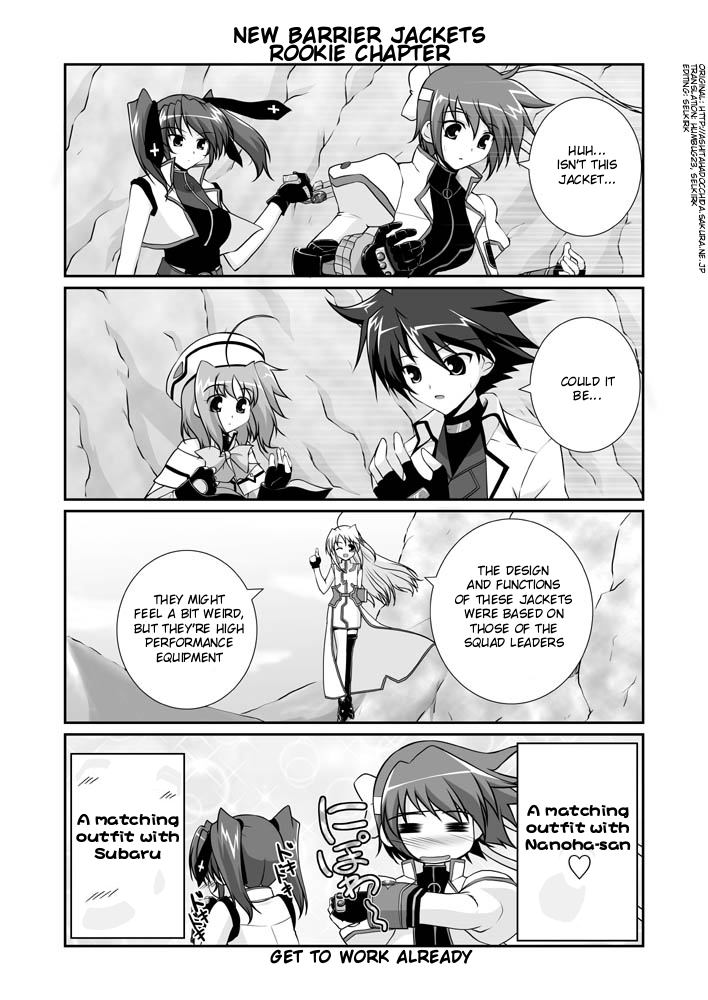 mikage takashi, book of the azure sky, caro ru lushe, cross mirage, erio mondial, kerykeion (nanoha), reinforce zwei, revolver knuckle, subaru nakajima, teana lanster, lyrical nanoha, mahou shoujo lyrical nanoha, mahou shoujo lyrical nanoha strikers, hard-translated, third-party edit, translated, 00s, 1boy, 4girls, = =, ahoge, asymmetrical clothes, asymmetrical legwear, cape, coat, comic, english text, fingerless gloves, gauntlets, gloves, greyscale, hair ornament, hat, headband, heart, jacket, magical boy, magical girl, monochrome, multiple girls, one eye closed, open clothes, open coat, open jacket, single fingerless glove, single gauntlet, single thighhigh, thighhighs, twintails, uneven legwear, waist cape, x hair ornament