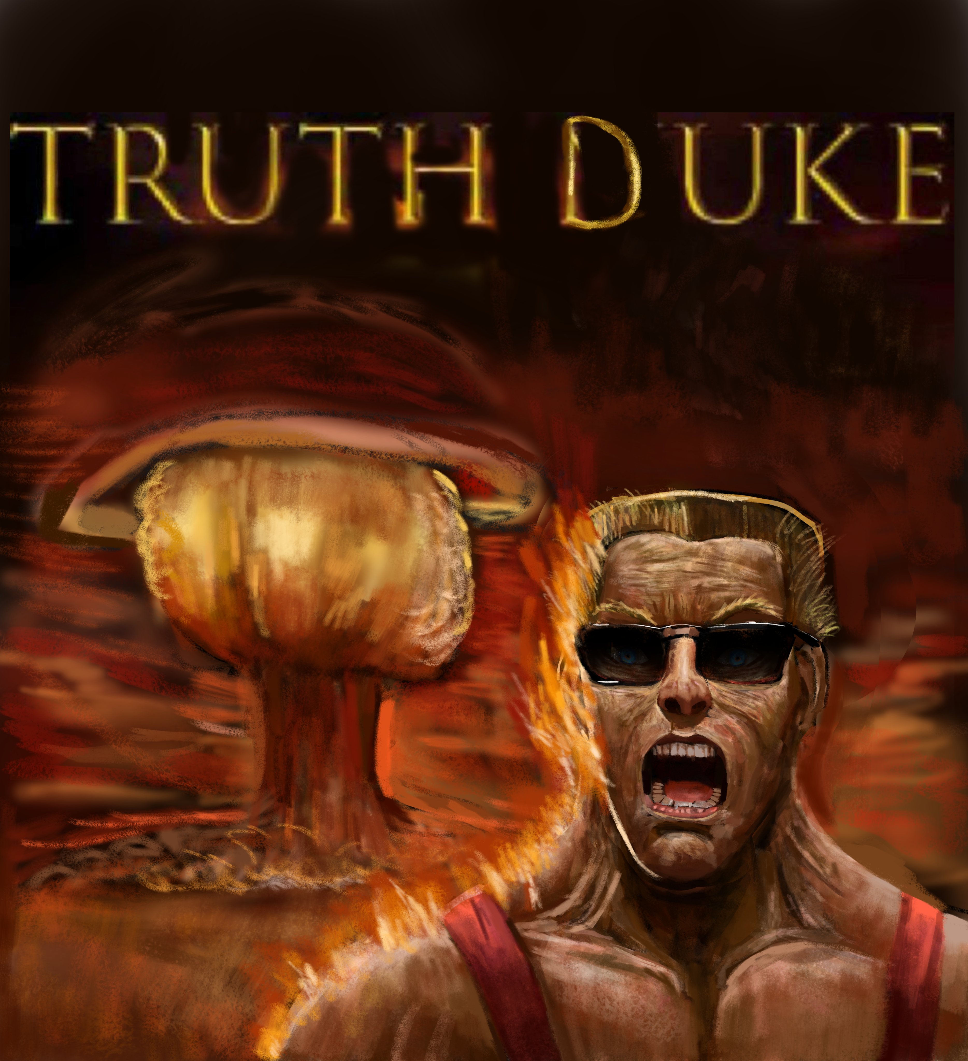 pixel axel, duke nukem, absurdres, highres, 1boy, blonde hair, blue eyes, burning, character name, duke nukem (series), english text, explosion, fire, male focus, meme, muscular, muscular male, nuclear explosion, open mouth, portrait, realistic teeth, short hair, solo, sunglasses, teeth, tongue, truth nuke (meme), very short hair