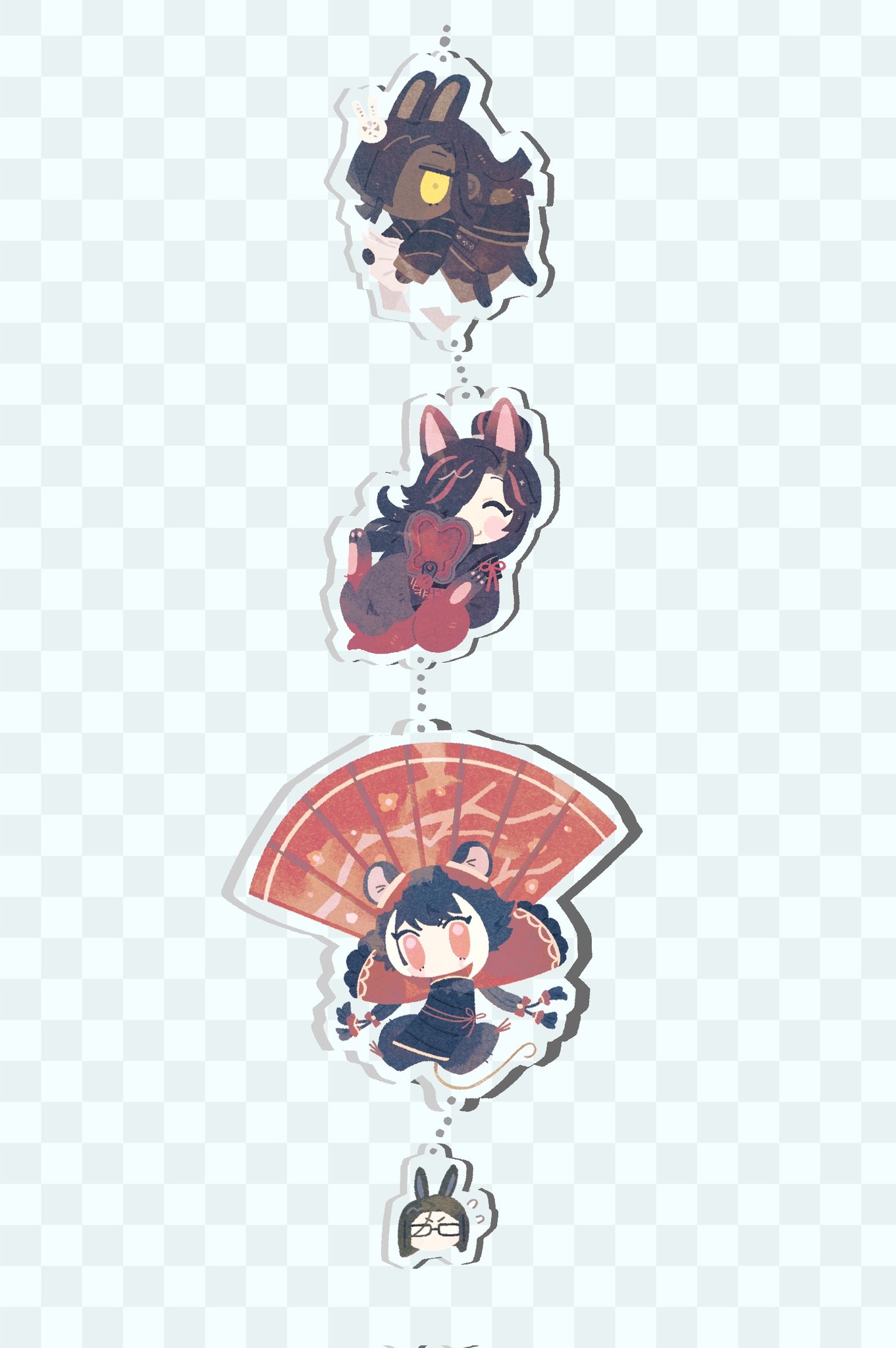 yesheng zong ren, jia xichun (project moon), zigong (project moon), zilu (project moon), limbus company, project moon, highres, 1boy, 3girls, animal ears, animal legs, black dress, black hair, black hanfu, brown robe, chibi, chinese clothes, closed eyes, dark-skinned female, dark skin, double bun, dress, fox ears, fox girl, full body, glasses, hair bun, hair over one eye, hand fan, hanfu, holding, holding fan, horse boy, horse ears, long hair, long sleeves, looking at viewer, mouse ears, mouse girl, multicolored hair, multiple girls, pink eyes, rabbit ears, rabbit girl, rabbit pin, rabbit tail, red shrug, red streaks, robe, rope belt, shrug (clothing), simple background, standing, streaked hair, tail, twintails, wei (project moon), white background, white streaks, yellow eyes