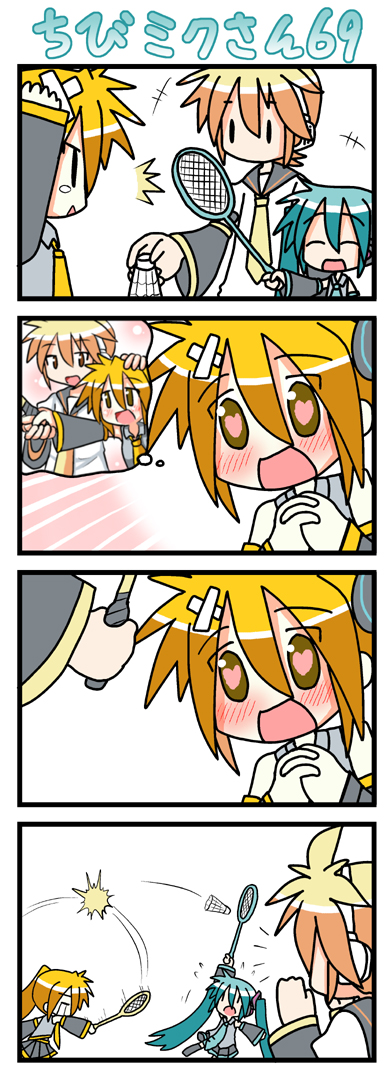 minami (colorful palette), akita neru, chibi miku, hatsune miku, kagamine len, vocaloid, long image, tall image, 2girls, 4koma, badminton, badminton racket, blush, chibi, comic, heart, heart-shaped pupils, multiple girls, racket, silent comic, symbol-shaped pupils, | |