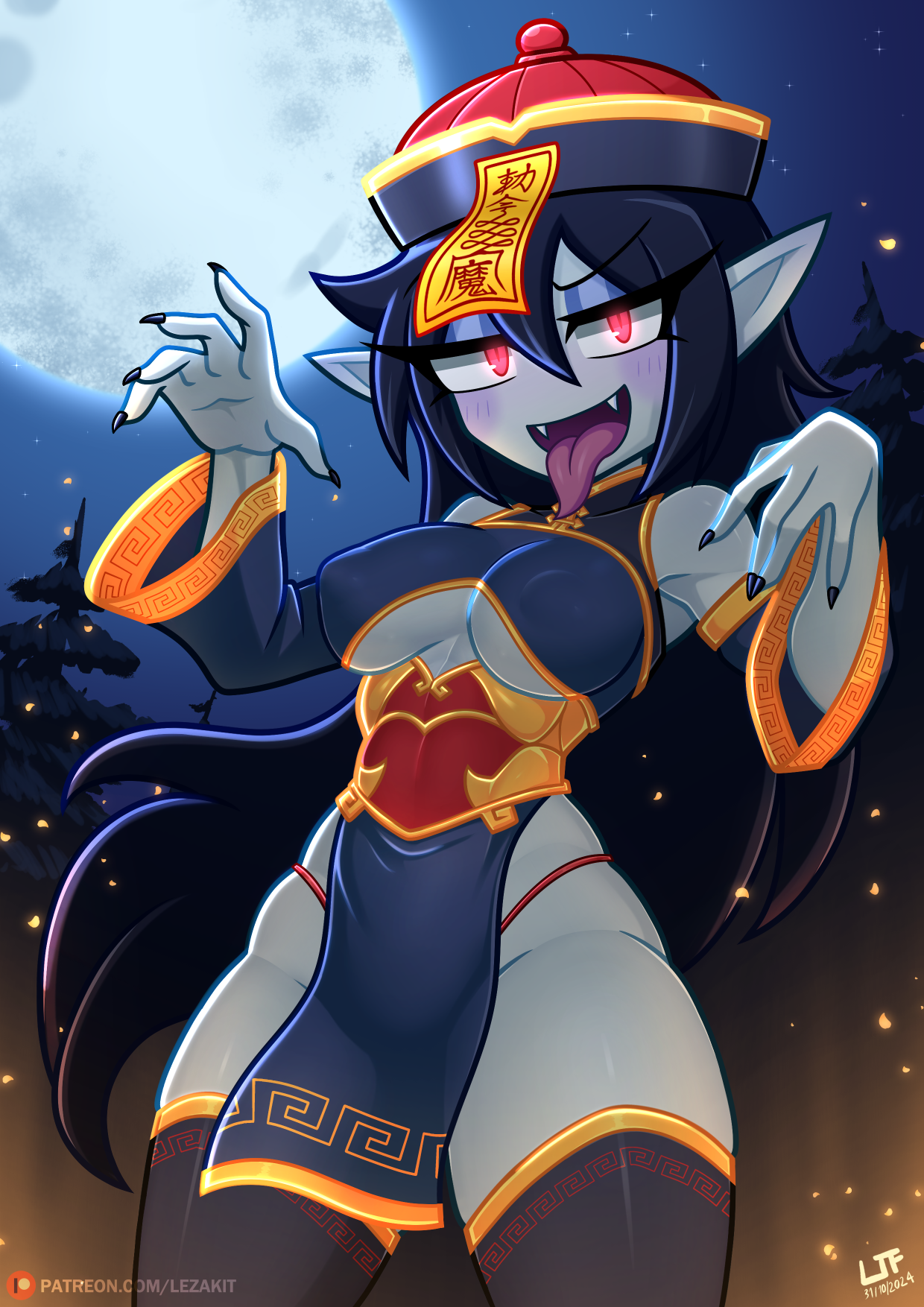 lezakit, marceline abadeer, adventure time, highres, variant set, 1girl, alternate costume, bare hips, black hair, black nails, black thighhighs, blue dress, blue hat, blue sleeves, blush, breasts, china dress, chinese clothes, clothing cutout, colored skin, covered erect nipples, detached sleeves, dress, eyelashes, fangs, feet out of frame, female focus, fingernails, glowing, glowing eyes, grey skin, half-closed eyes, hands up, hat, jiangshi, large breasts, long fingernails, long hair, long tongue, looking at viewer, moon, multicolored dress, multicolored hat, naughty face, night, open mouth, outdoors, panties, pelvic curtain, pointy ears, red dress, red eyes, red hat, red panties, sharp fingernails, sleeveless, sleeveless dress, smile, solo, standing, thick thighs, thighhighs, thighs, tongue, tongue out, two-tone sleeves, underboob, underboob cutout, underwear, vampire, yellow dress, yellow hat, yellow sleeves