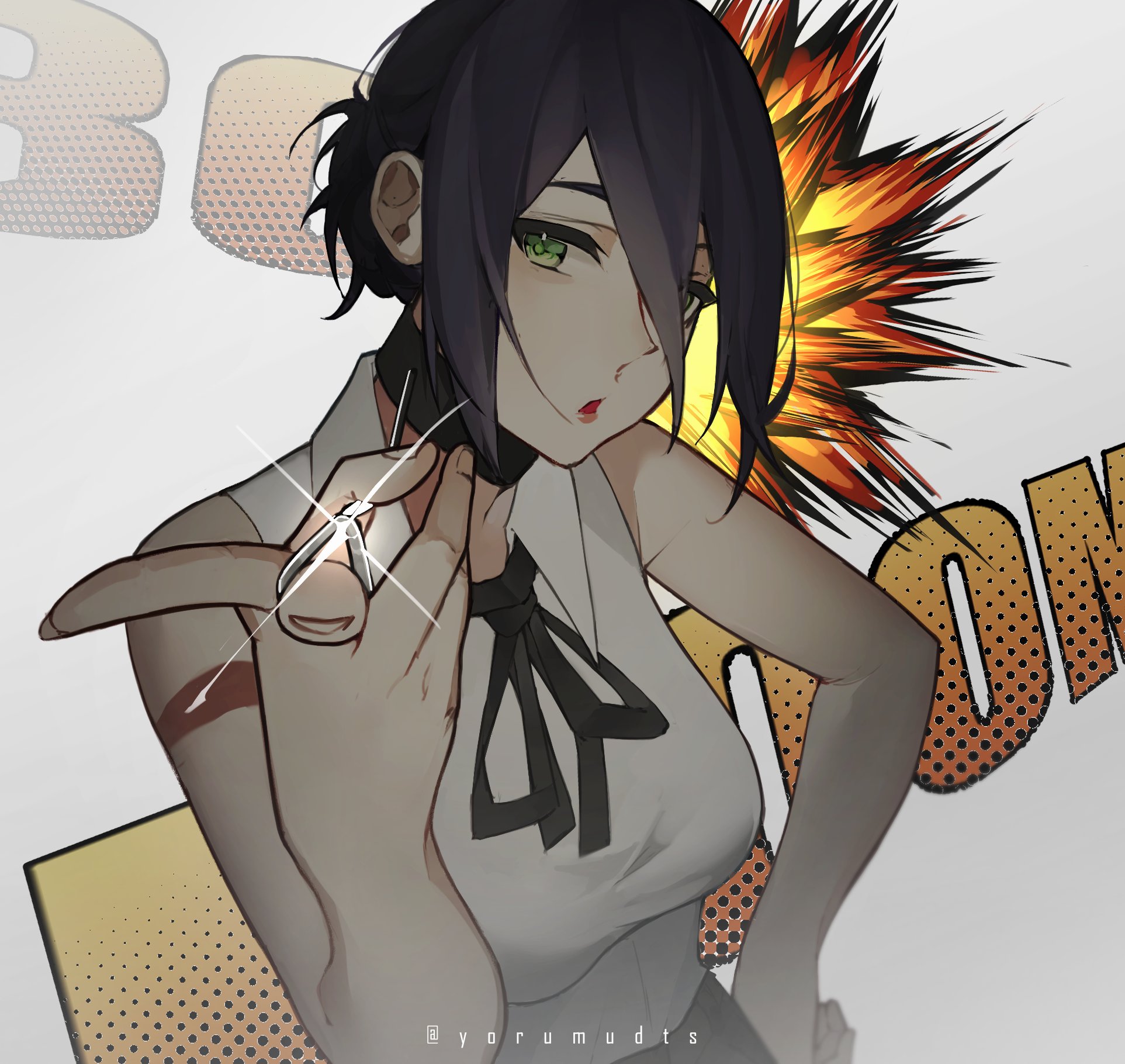 yorumudts, reze (chainsaw man), chainsaw man, highres, 1girl, bare shoulders, black choker, black ribbon, blue hair, breasts, choker, collared shirt, explosion, green eyes, hair between eyes, hand on own hip, medium breasts, neck ribbon, parted lips, ribbon, shirt, solo, twintails, updo, upper body, white shirt