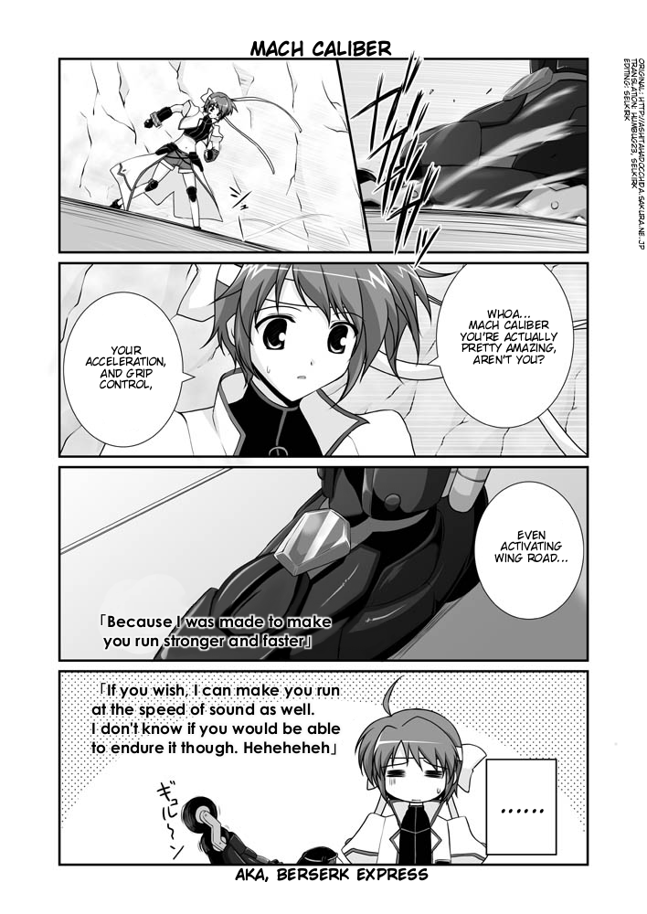 mikage takashi, mach caliber, revolver knuckle, subaru nakajima, lyrical nanoha, mahou shoujo lyrical nanoha, mahou shoujo lyrical nanoha strikers, hard-translated, third-party edit, translated, 00s, 1girl, = =, comic, english text, fingerless gloves, gauntlets, gloves, greyscale, headband, inline skates, jacket, magical girl, midriff, monochrome, open clothes, open jacket, roller skates, single fingerless glove, single gauntlet, skates, waist cape