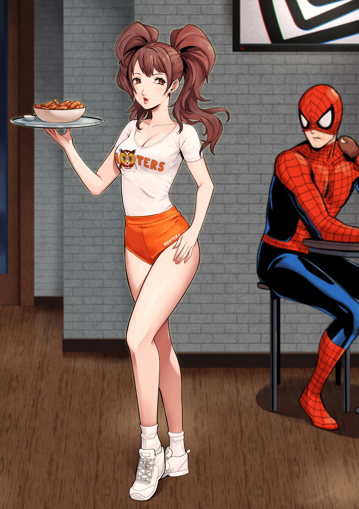 eightyfourart, kujikawa rise, lufel (owl) (p5x), lufel (p5x), spider-man, hooters, marvel, persona, persona 4, persona 5, persona 5: the phantom x, spider-man (series), commentary, highres, 1boy, 1girl, bare legs, bowl, breasts, brown eyes, brown hair, chicken (food), cleavage, earrings, eating, food, holding, holding tray, jewelry, long hair, looking at another, looking at ass, medium breasts, restaurant, shirt, shoes, short shorts, shorts, sitting, sneakers, socks, standing, stud earrings, table, thighs, tray, twintails, white shirt, white shoes, white socks