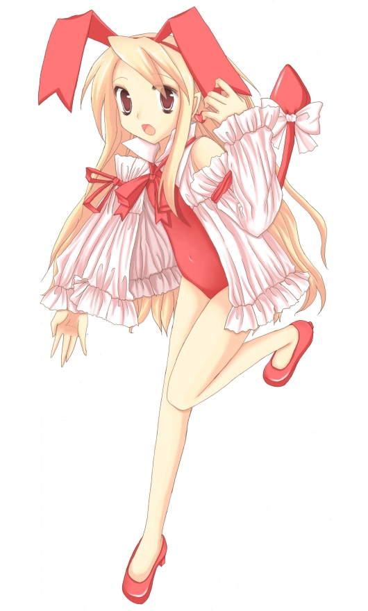 flonne, flonne (fallen angel), disgaea, makai senki disgaea, nippon ichi, 00s, 1girl, animal ears, blonde hair, bow, detached sleeves, fallen angel, female focus, flat chest, leotard, long hair, open mouth, red eyes, red leotard, simple background, solo, tail, tail bow, tail ornament