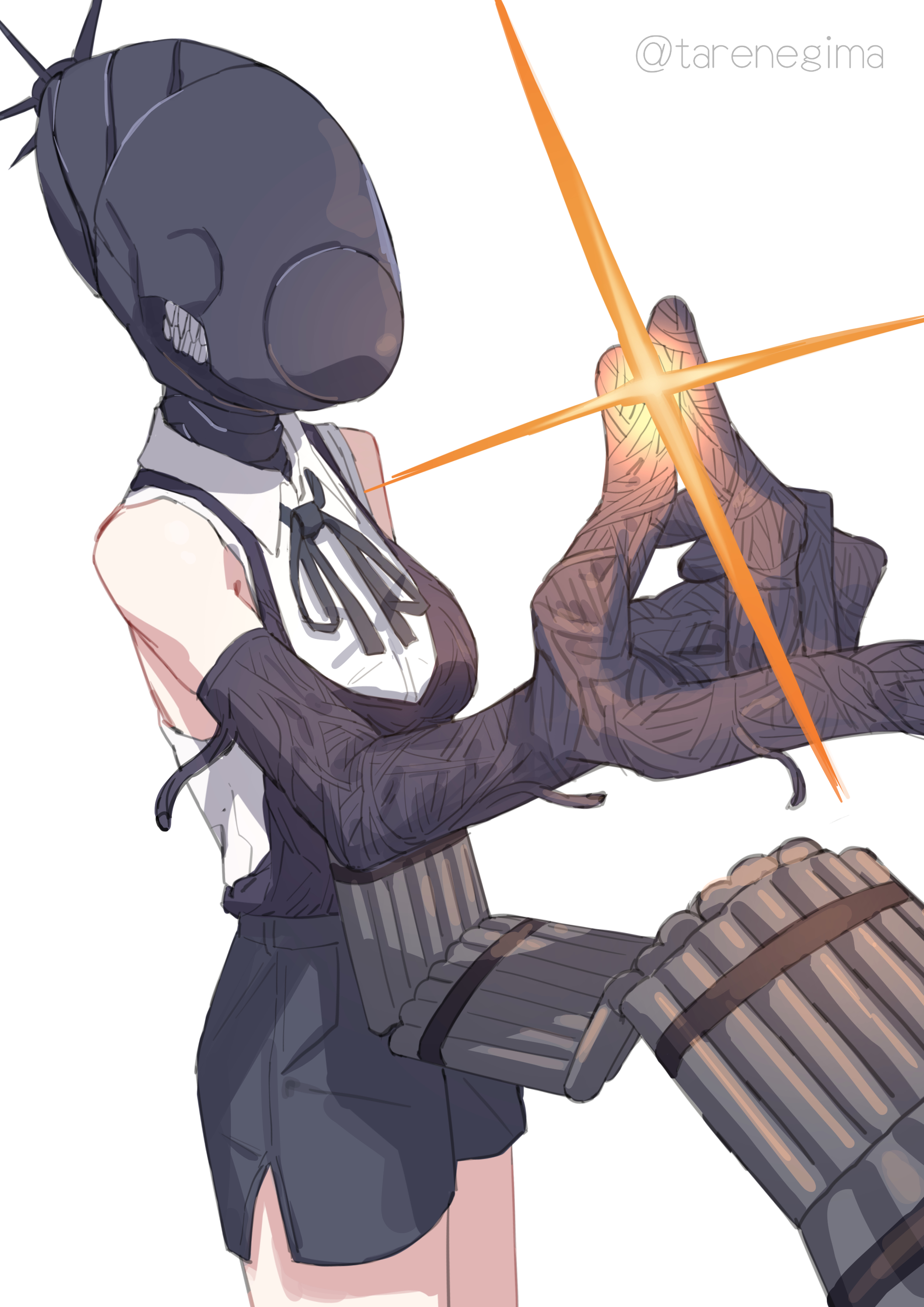 tare negima, bomb devil (chainsaw man), chainsaw man, absurdres, commentary request, highres, 1girl, apron, black apron, black gloves, black ribbon, black shorts, collared shirt, dynamite, elbow gloves, explosive, gloves, hand up, ribbon, shirt, shorts, simple background, solo, white background, white shirt