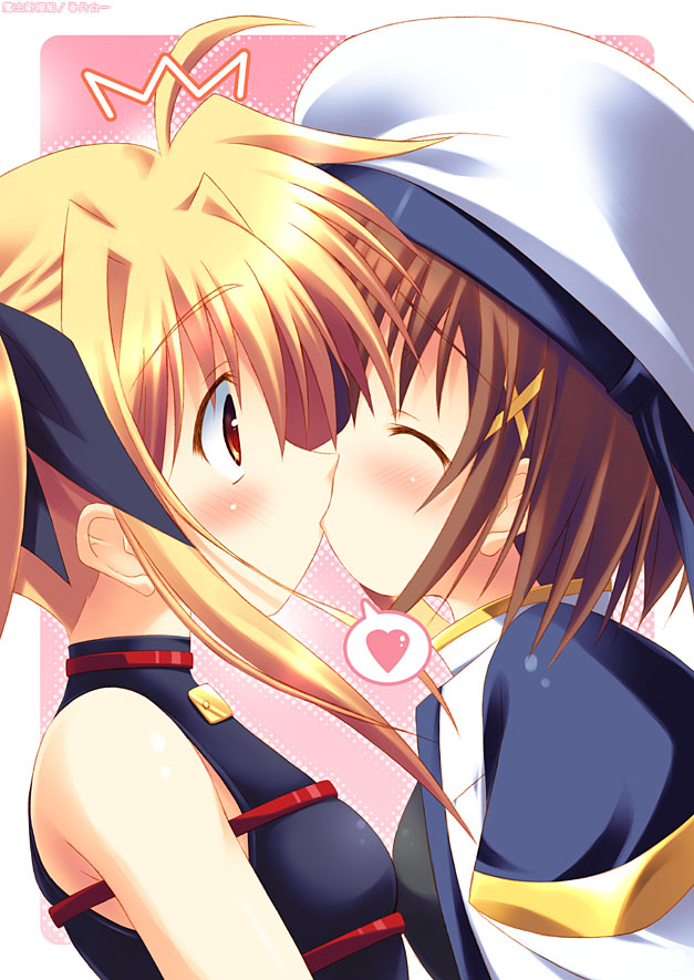 kouzuki hajime, fate testarossa, yagami hayate, lyrical nanoha, mahou shoujo lyrical nanoha, 00s, 2girls, ^^^, blush, closed eyes, hat, heart, kiss, multiple girls, yuri