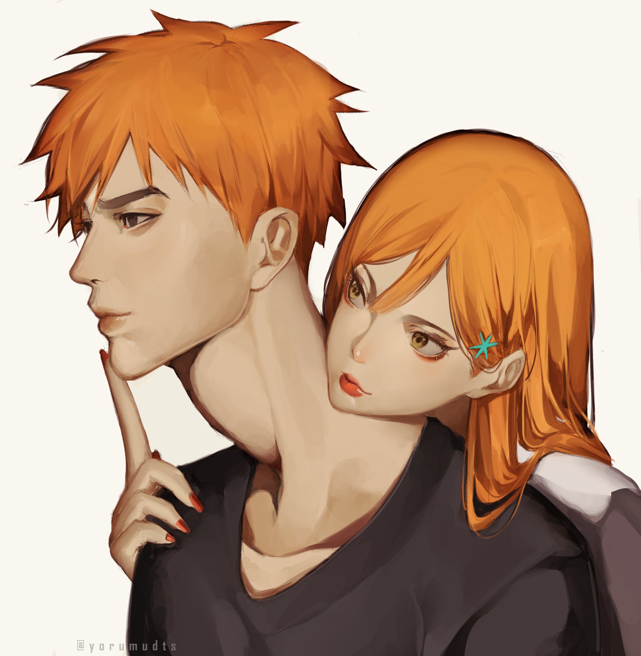 yorumudts, inoue orihime, kurosaki ichigo, bleach, highres, 1boy, 1girl, black shirt, brown eyes, closed mouth, couple, hair between eyes, hair ornament, hand on another's chin, hetero, long hair, nail polish, orange hair, red lips, red nails, shirt, short hair, snowflake hair ornament, twitter username, upper body, white background, white shirt