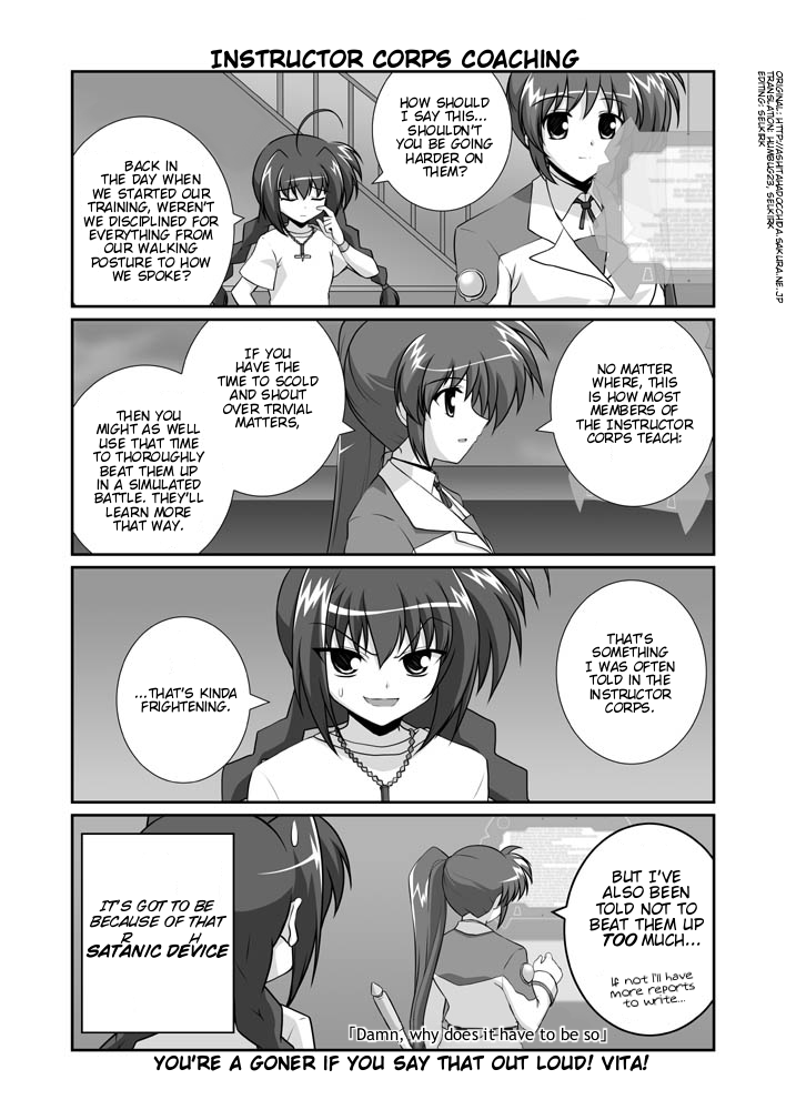 mikage takashi, raising heart, takamachi nanoha, vita (nanoha), lyrical nanoha, mahou shoujo lyrical nanoha, mahou shoujo lyrical nanoha strikers, hard-translated, third-party edit, translated, 00s, 3girls, ahoge, braid, closed eyes, comic, english text, greyscale, jewelry, military, military uniform, monochrome, multiple girls, necklace, side ponytail, twin braids, white devil