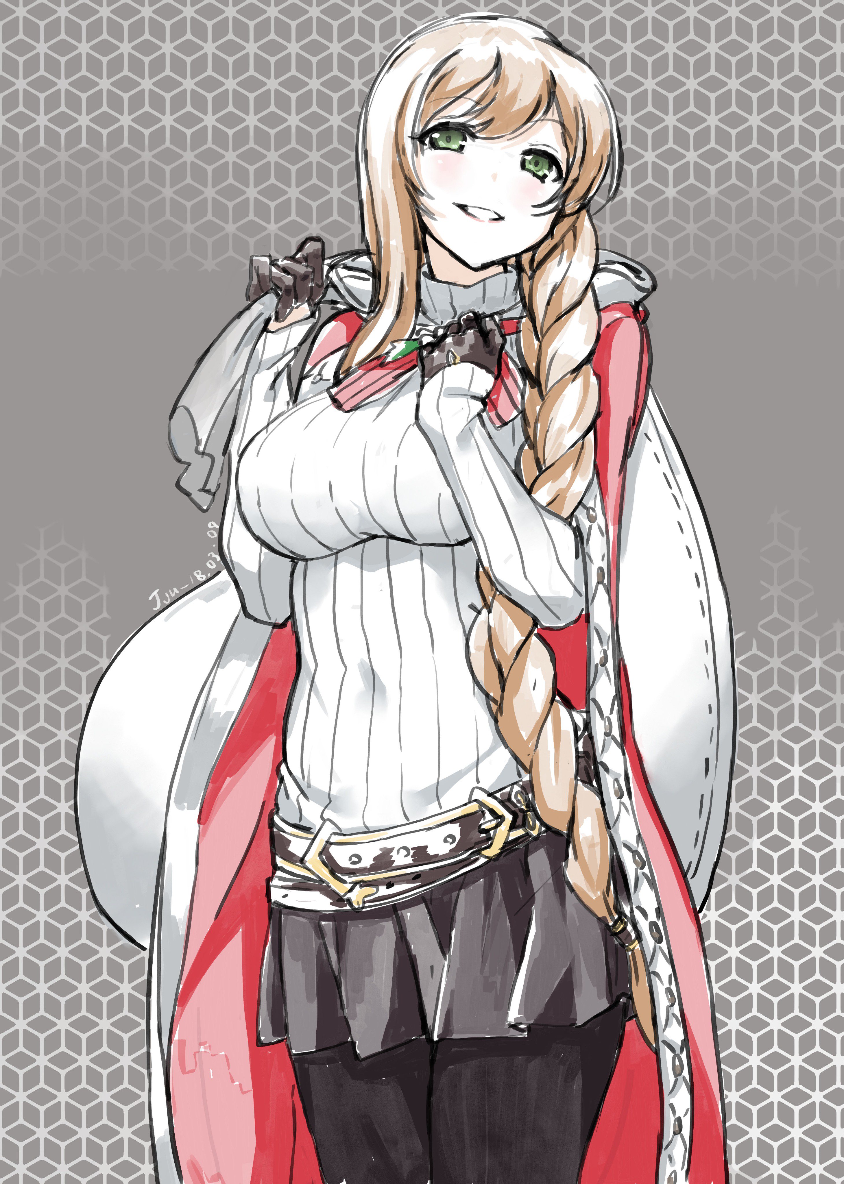 jju kumey, springfield (girls' frontline), girls' frontline, absurdres, highres, 1girl, belt, black gloves, black skirt, brown hair, christmas, gloves, green eyes, hair between eyes, long hair, official alternate costume, open mouth, skirt, smile, solo, standing, sweater, white sweater