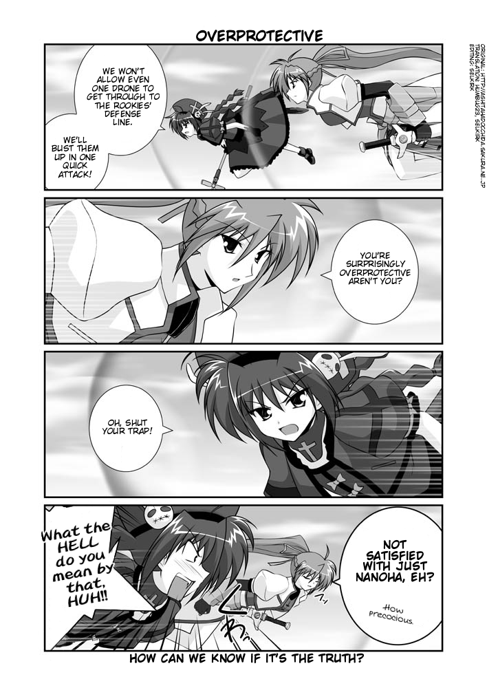mikage takashi, graf eisen, laevatein (nanoha), signum, vita (nanoha), lyrical nanoha, mahou shoujo lyrical nanoha, mahou shoujo lyrical nanoha strikers, hard-translated, third-party edit, translated, 00s, 2girls, ahoge, braid, closed eyes, comic, english text, fingerless gloves, gloves, greyscale, hammer, hat, jacket, magical girl, monochrome, multiple girls, open clothes, open jacket, ponytail, sword, twin braids, waist cape, weapon, whip sword