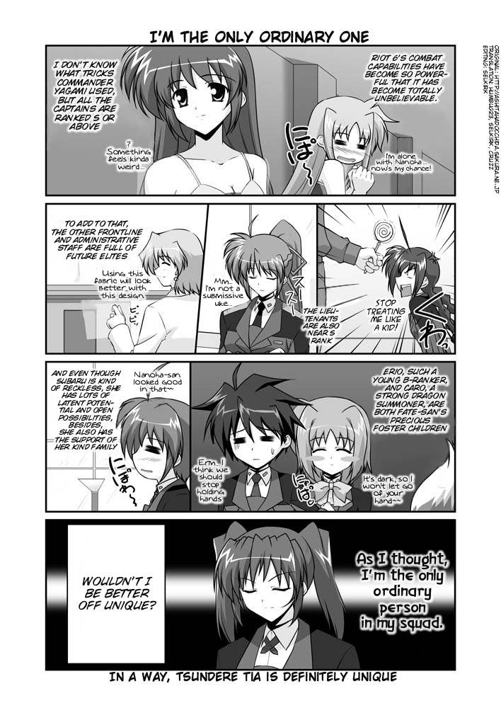 mikage takashi, caro ru lushe, erio mondial, fate testarossa, shamal, signum, subaru nakajima, takamachi nanoha, teana lanster, vita (nanoha), lyrical nanoha, mahou shoujo lyrical nanoha, mahou shoujo lyrical nanoha strikers, hard-translated, third-party edit, translated, 00s, 1boy, 6+girls, = =, ahoge, blush stickers, bow, braid, candy, closed eyes, comic, crossed arms, earrings, english text, food, greyscale, jewelry, lollipop, military, military uniform, monochrome, multiple girls, ponytail, tsundere, twin braids, twintails