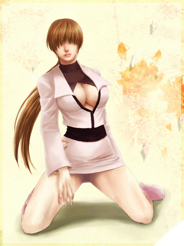 kanoca, shermie (kof), snk, the king of fighters, 1girl, boots, breasts, brown hair, cleavage, cleavage cutout, clothing cutout, cropped jacket, earrings, hair over eyes, jewelry, kneeling, large breasts, leotard, lips, lipstick, long hair, makeup, miniskirt, nail polish, no bra, nose, pencil skirt, pink nails, ponytail, skirt
