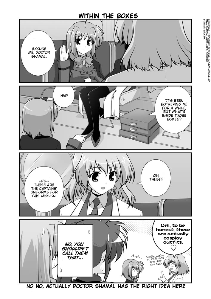 mikage takashi, caro ru lushe, fate testarossa, shamal, takamachi nanoha, lyrical nanoha, mahou shoujo lyrical nanoha, mahou shoujo lyrical nanoha strikers, hard-translated, third-party edit, translated, 00s, 4girls, ahoge, bow, closed eyes, comic, earrings, english text, greyscale, heart, jewelry, lab coat, military, military uniform, monochrome, multiple girls, pantyhose, side ponytail