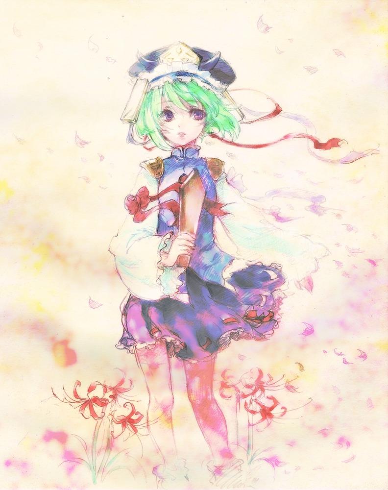 tamachi kuwa, shiki eiki, touhou, 1girl, female focus, flower, green hair, hat, petals, purple eyes, red flower, rod of remorse, solo, spider lily