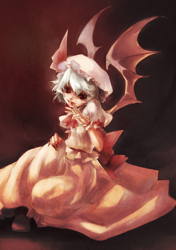 tamachi kuwa, remilia scarlet, touhou, 1girl, blood, female focus, fingernails, hat, head tilt, licking, licking finger, long fingernails, mob cap, sharp fingernails, solo, wings