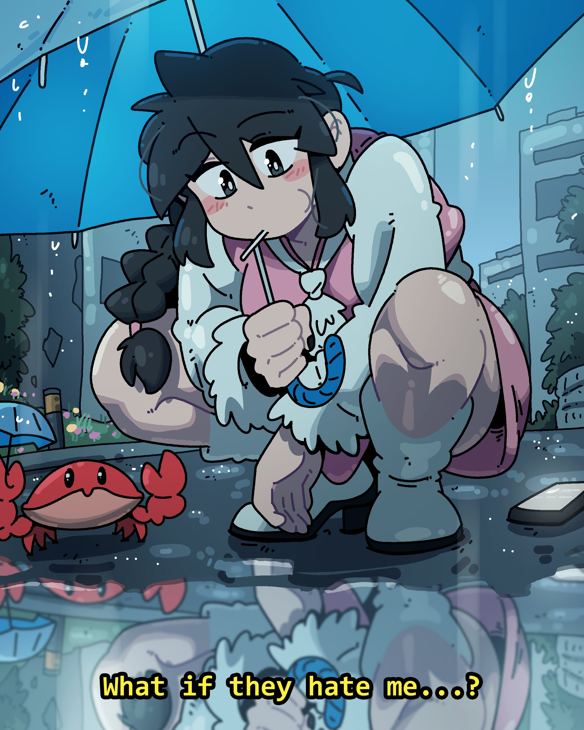 scott malin, lucia (scott malin), official art, bare legs, bent over, black hair, city, cloud, cloudy sky, crab, knees, legs, lollipop in mouth, looking down, sky, smile, sweater, the panty bear, umbrella