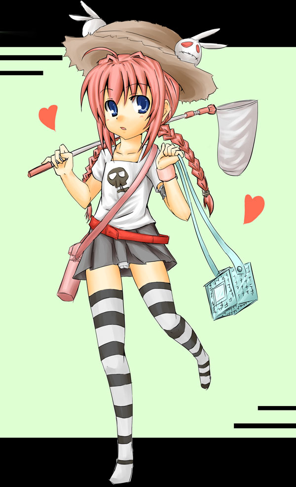 vita (nanoha), lyrical nanoha, mahou shoujo lyrical nanoha, 00s, 1girl, braid, female focus, hat, miniskirt, panties, pantyshot, shirt, skirt, solo, t-shirt, thighhighs, twin braids, underwear, white panties