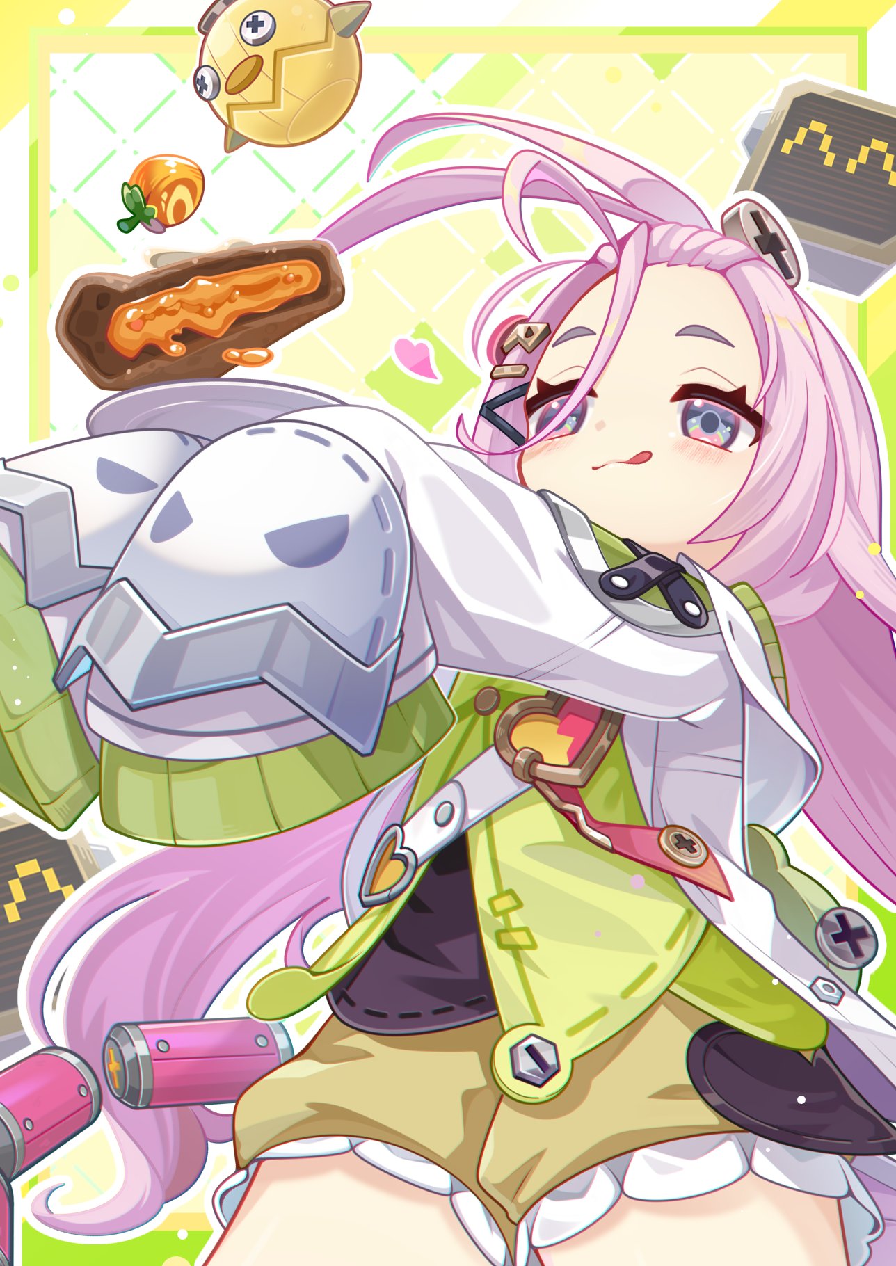 m-1ng, aino (genshin impact), genshin impact, commentary, highres, 1girl, :3, blush, brown shorts, food, forehead, frilled shorts, frills, green jacket, hair ornament, hairclip, jacket, long bangs, long hair, long sleeves, multicolored eyes, pink hair, screw hair ornament, shorts, sleeves past fingers, sleeves past wrists, solo, thighs, tongue, tongue out, white sleeves