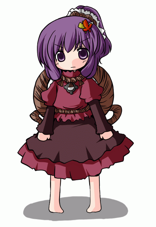 futami yayoi, yasaka kanako, touhou, animated, animated gif, 1girl, aged down, barefoot, blinking, chibi, female focus, hair ornament, leaf hair ornament, solo, squigglevision, trembling