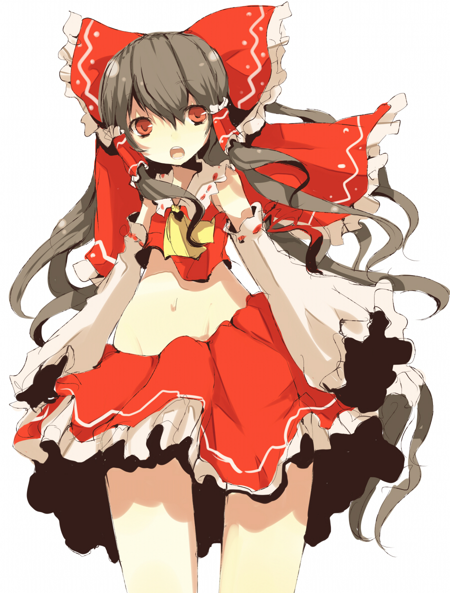 tetsuo (tashirosu), hakurei reimu, touhou, 1girl, ascot, bare shoulders, blush, brown eyes, brown hair, cowboy shot, detached sleeves, expressionless, female focus, hair tubes, jitome, long sleeves, looking at viewer, midriff, navel, red skirt, ribbon-trimmed sleeves, ribbon trim, sidelocks, simple background, skirt, solo, stomach, thighs, vest, walking, white background