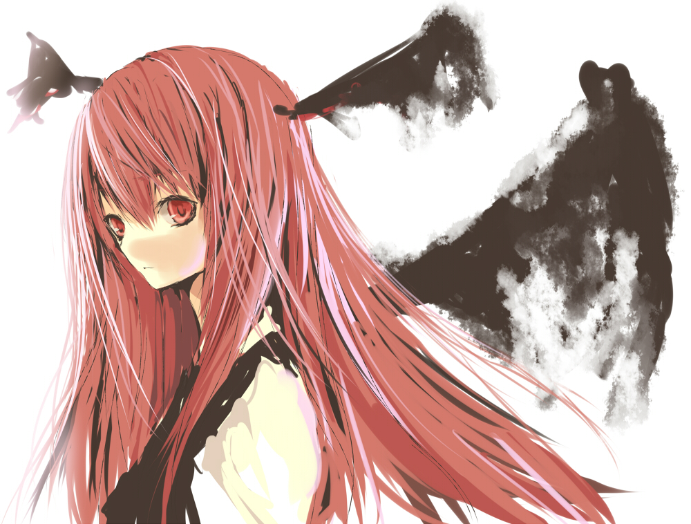 tetsuo (tashirosu), koakuma, embodiment of scarlet devil, touhou, 1girl, black wings, demon girl, dripping, female focus, head wings, long hair, melting, pink hair, red eyes, red hair, simple background, solo, upper body, vest, white background, wings