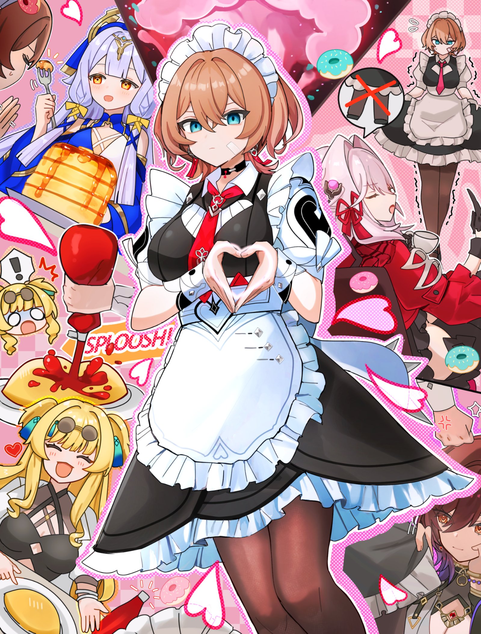 kuromu shado, ajita (honkai impact), lantern (honkai impact), serapeum (honkai impact), songque, songque (astralop), thelema nutriscu, thelema nutriscu (mad pleasure: shadowbringer), honkai (series), honkai impact 3rd, highres, second-party source, 5girls, apron, aqua eyes, bandaid, bandaid on face, black choker, black dress, brown hair, brown pantyhose, choker, closed mouth, dress, heart, heart hands, lantern (at your service) (honkai impact), maid, maid apron, maid headdress, multiple girls, necktie, official alternate costume, pantyhose, red necktie, short hair, short sleeves, white apron