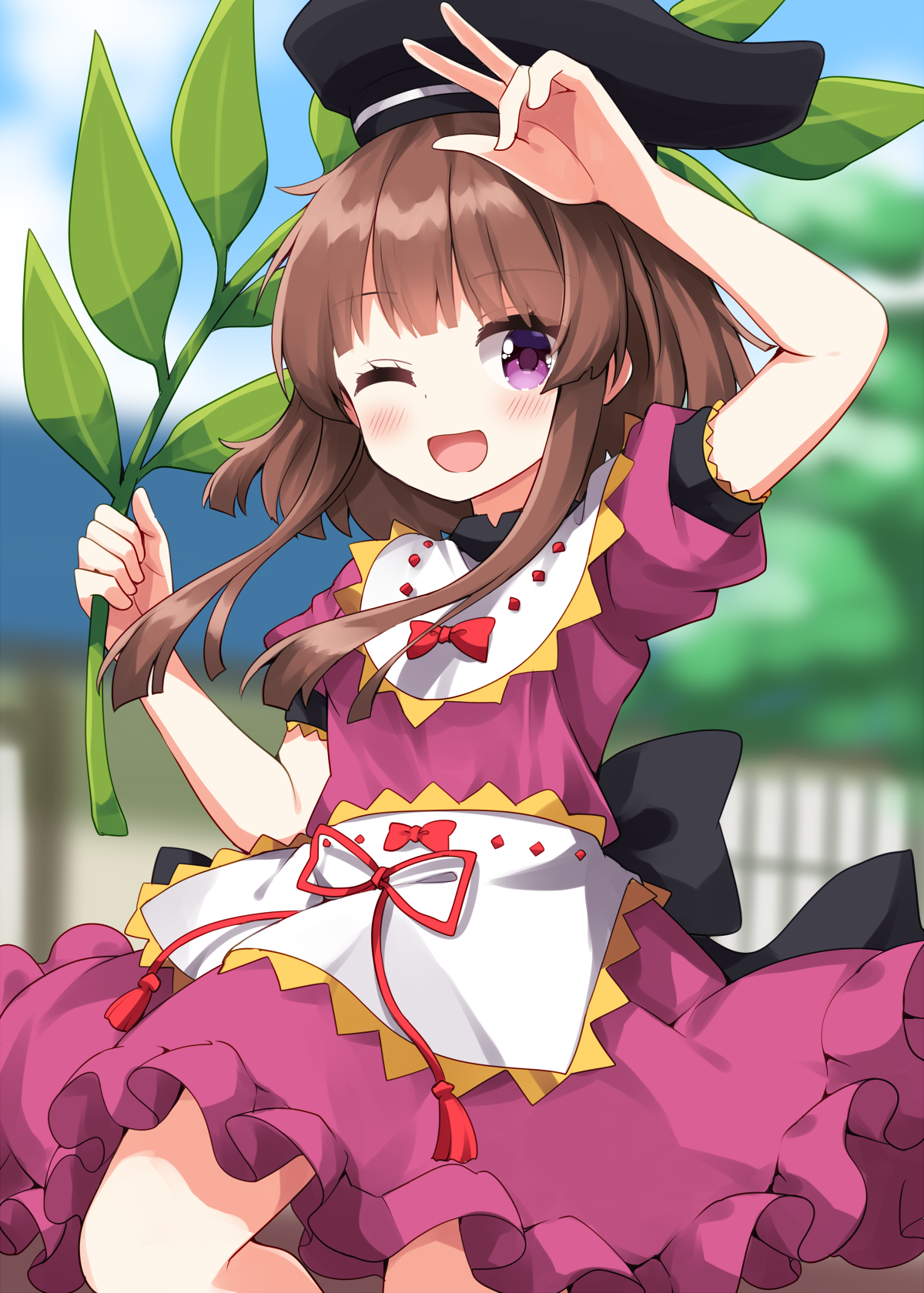 ruu (tksymkw), nishida satono, touhou, commentary, highres, 1girl, ;d, apron, arm up, back bow, black bow, black hat, blunt bangs, blush, bow, brown hair, cowboy shot, dress, hat, holding, holding plant, looking at viewer, one eye closed, open mouth, plant, purple dress, purple eyes, short hair with long locks, short sleeves, smile, solo, tate eboshi, w, waist apron, white apron