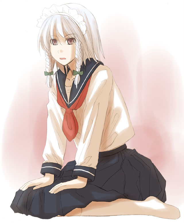 bonkara (sokuseki maou), izayoi sakuya, touhou, 1girl, alternate costume, braid, female focus, school uniform, seiza, serafuku, sitting, solo, twin braids