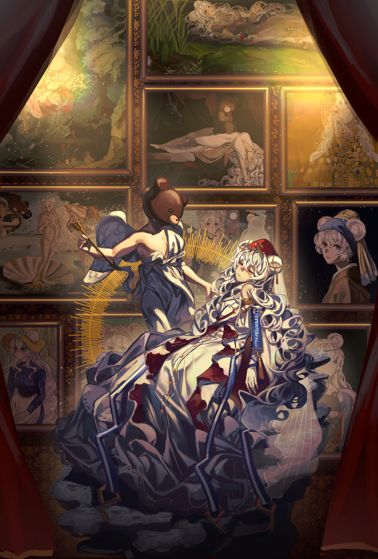 kikan (kikanoe), rosa (arknights), arknights, girl with a pearl earring, the birth of venus, highres, parody request, 1girl, animal ears, arrow (projectile), bear ears, closed eyes, closed mouth, dress, gustav klimt (style), hat, holding, holding arrow, long hair, long sleeves, painting (object), picture frame, red hat, stuffed animal, stuffed toy, teddy bear, the nightmare (henry fuseli), the swing, very long hair, white dress, young peasent woman with straw hat